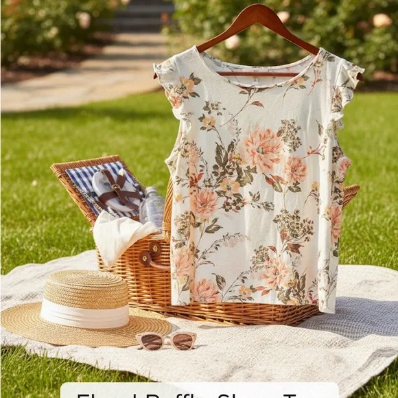 🌸 LOFT Floral Ruffle Sleeve Blouse - Vintage Soft Cotton Top - Size L - Picture 1 of 6